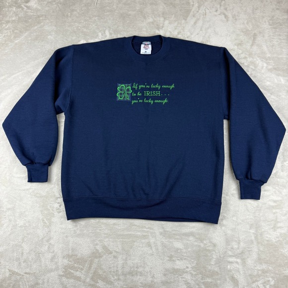 VTG Jerzees Irish Sweatshirt Adult L Navy Blue Lucky Shamrock Crewneck USA Made - Picture 1 of 7
